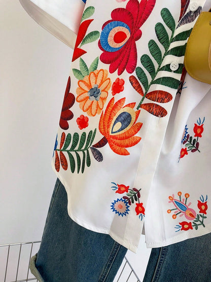 Women's Floral Print Batwing Sleeve Short Sleeve Casual Vacation Loose Shirt, Summer White