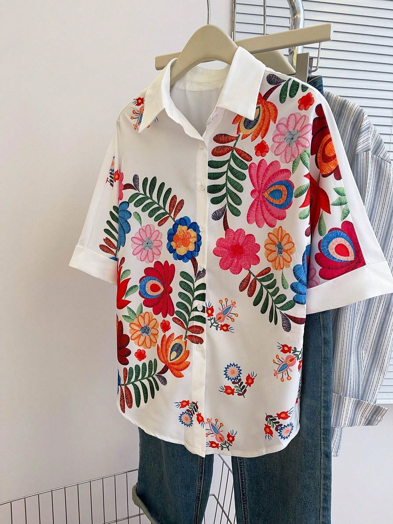 Women's Floral Print Batwing Sleeve Short Sleeve Casual Vacation Loose Shirt, Summer White