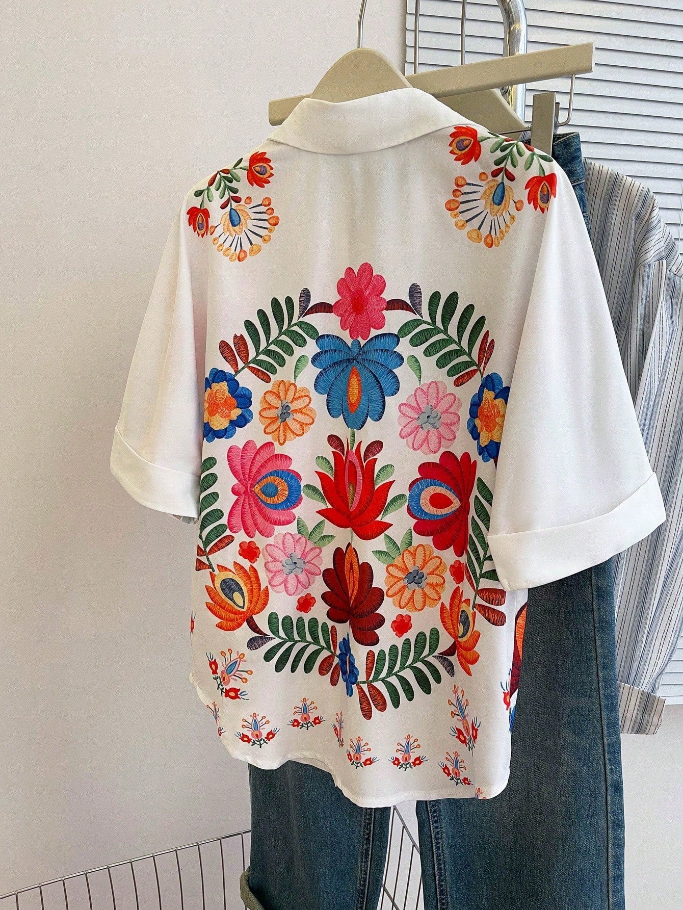 Women's Floral Print Batwing Sleeve Short Sleeve Casual Vacation Loose Shirt, Summer White