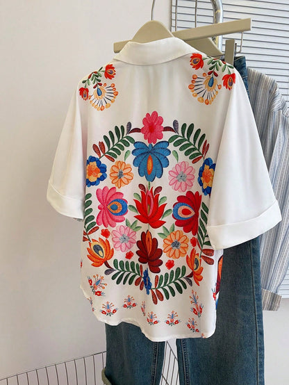 Women's Floral Print Batwing Sleeve Short Sleeve Casual Vacation Loose Shirt, Summer White