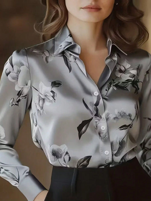 Women's Floral Print Lapel Single-Breasted Fashionable Versatile Office Commute Long Sleeve Shirt Spring Vacation