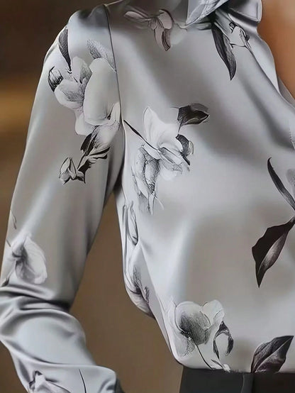 Women's Floral Print Lapel Single-Breasted Fashionable Versatile Office Commute Long Sleeve Shirt Spring Vacation