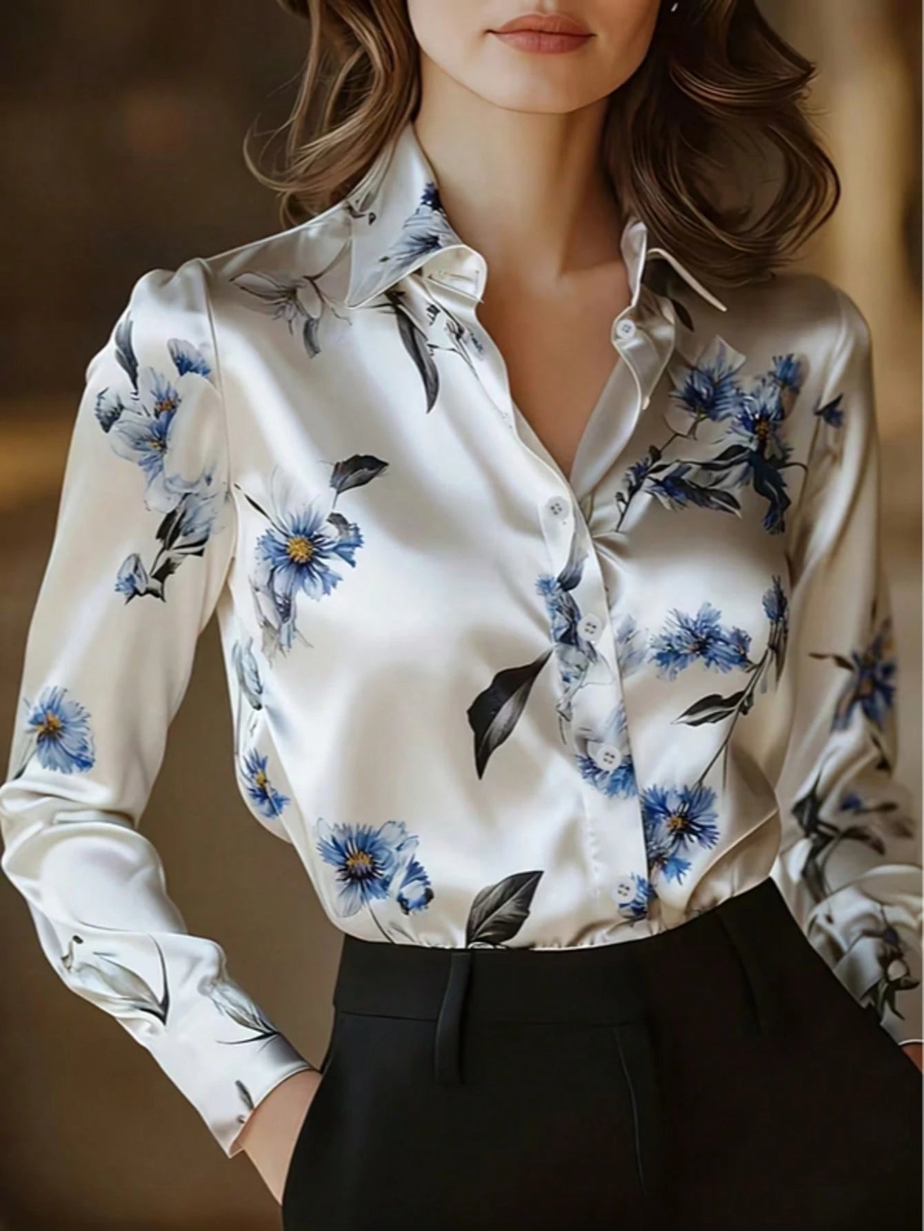 Women's Floral Print Lapel Single-Breasted Fashionable Versatile Office Commute Long Sleeve Shirt Spring Vacation
