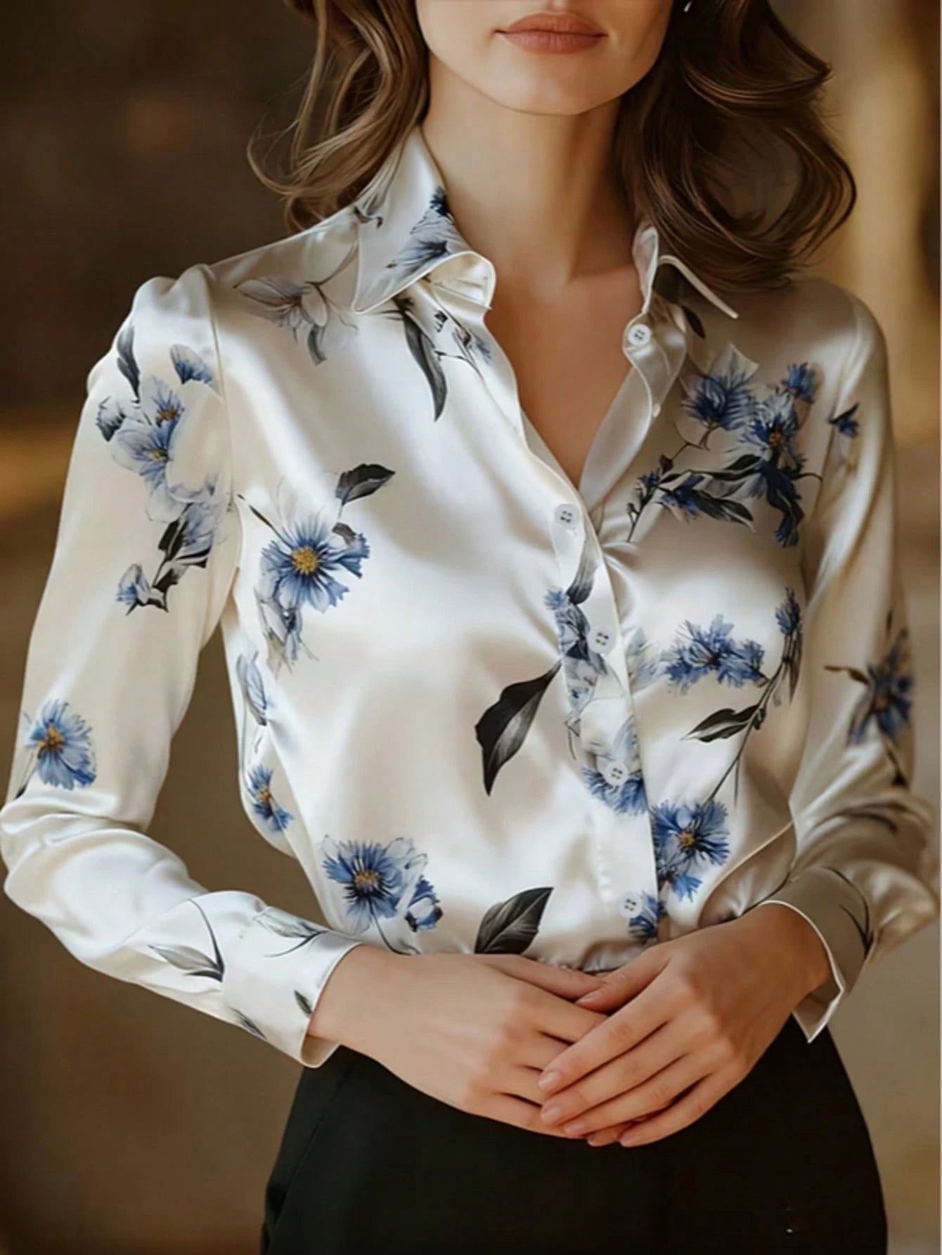 Women's Floral Print Lapel Single-Breasted Fashionable Versatile Office Commute Long Sleeve Shirt Spring Vacation