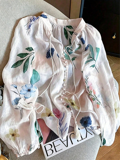 Women's Floral Print Pleated Casual Versatile Daily Wear Shirt, Autumn/Winter Summer