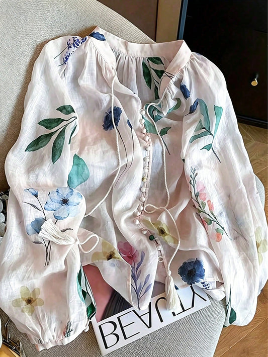 Women's Floral Print Pleated Casual Versatile Daily Wear Shirt, Autumn/Winter Summer