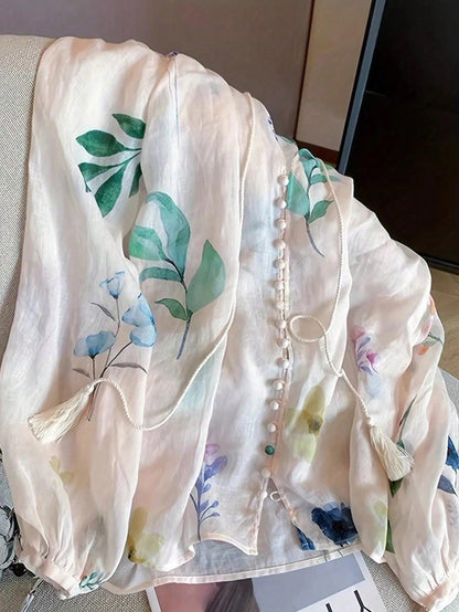 Women's Floral Print Pleated Casual Versatile Daily Wear Shirt, Autumn/Winter Summer