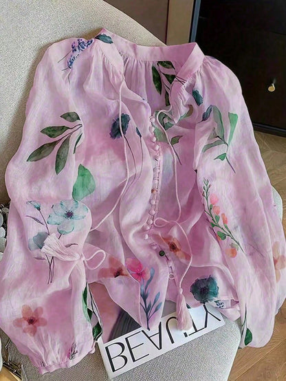 Women's Floral Print Pleated Casual Versatile Daily Wear Shirt, Autumn/Winter Summer