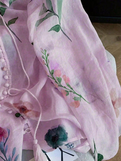 Women's Floral Print Pleated Casual Versatile Daily Wear Shirt, Autumn/Winter Summer