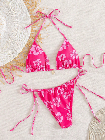 Women's Floral Print Sexy Halter Tie Bow Bikini Two-Piece Swimwear, Fashionable And Comfortable Swimwear Set, Suitable For Summer Vacation, Beach Leisure And Holiday Wear