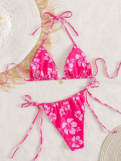 Women's Floral Print Sexy Halter Tie Bow Bikini Two-Piece Swimwear, Fashionable And Comfortable Swimwear Set, Suitable For Summer Vacation, Beach Leisure And Holiday Wear