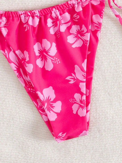 Women's Floral Print Sexy Halter Tie Bow Bikini Two-Piece Swimwear, Fashionable And Comfortable Swimwear Set, Suitable For Summer Vacation, Beach Leisure And Holiday Wear