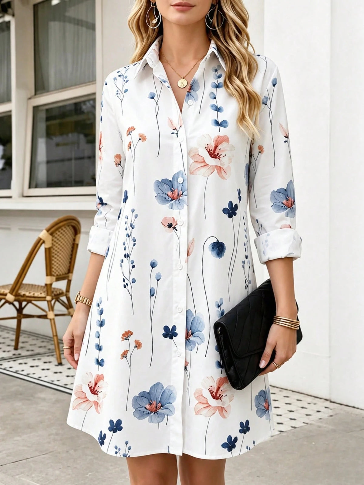 Women's Floral Print Shirt Dress Long Sleeve Button Front Casual Dress With Collar Spring Summer Vacation White
