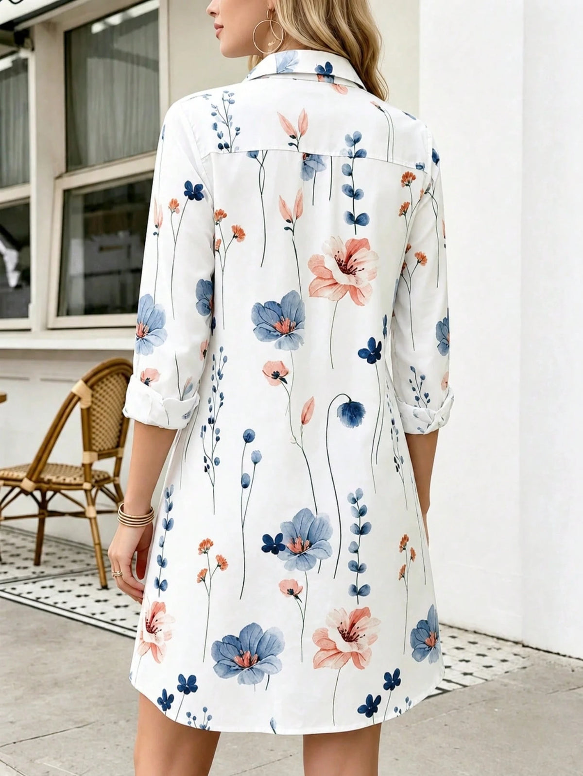 Women's Floral Print Shirt Dress Long Sleeve Button Front Casual Dress With Collar Spring Summer Vacation White