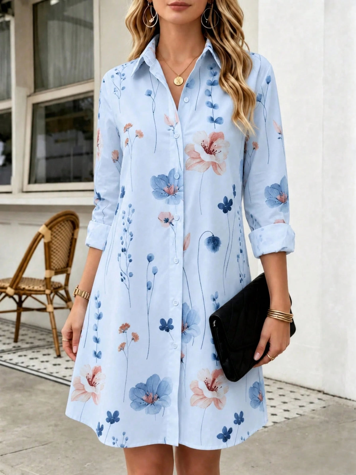 Women's Floral Print Shirt Dress Long Sleeve Button Front Casual Dress With Collar Spring Summer Vacation White