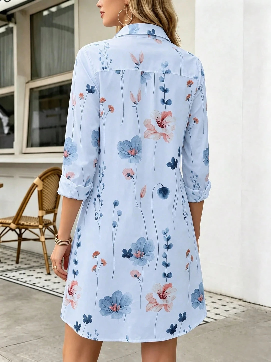 Women's Floral Print Shirt Dress Long Sleeve Button Front Casual Dress With Collar Spring Summer Vacation White