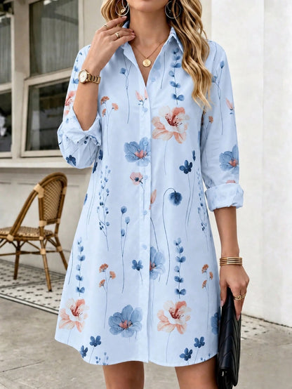 Women's Floral Print Shirt Dress Long Sleeve Button Front Casual Dress With Collar Spring Summer Vacation White