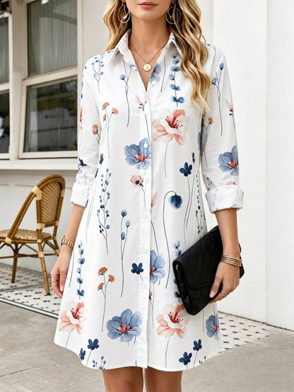 Women's Floral Print Shirt Dress Long Sleeve Button Front Casual Dress With Collar Spring Summer Vacation White