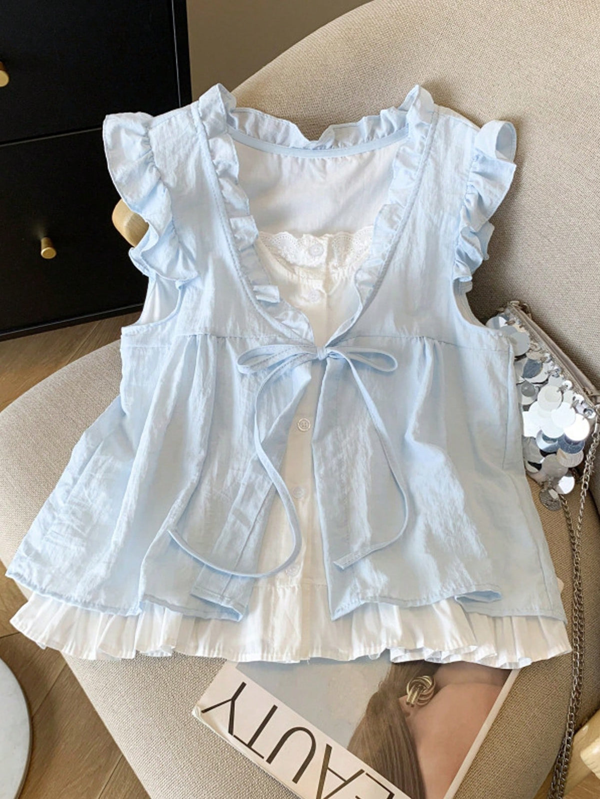 Women's Frill Trim Front Tie Loose Sleeveless Blouse Summer