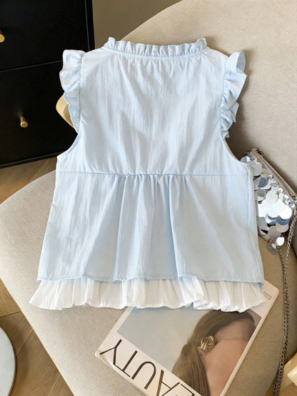Women's Frill Trim Front Tie Loose Sleeveless Blouse Summer