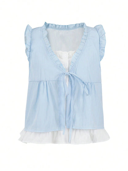 Women's Frill Trim Front Tie Loose Sleeveless Blouse Summer