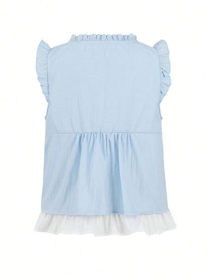 Women's Frill Trim Front Tie Loose Sleeveless Blouse Summer