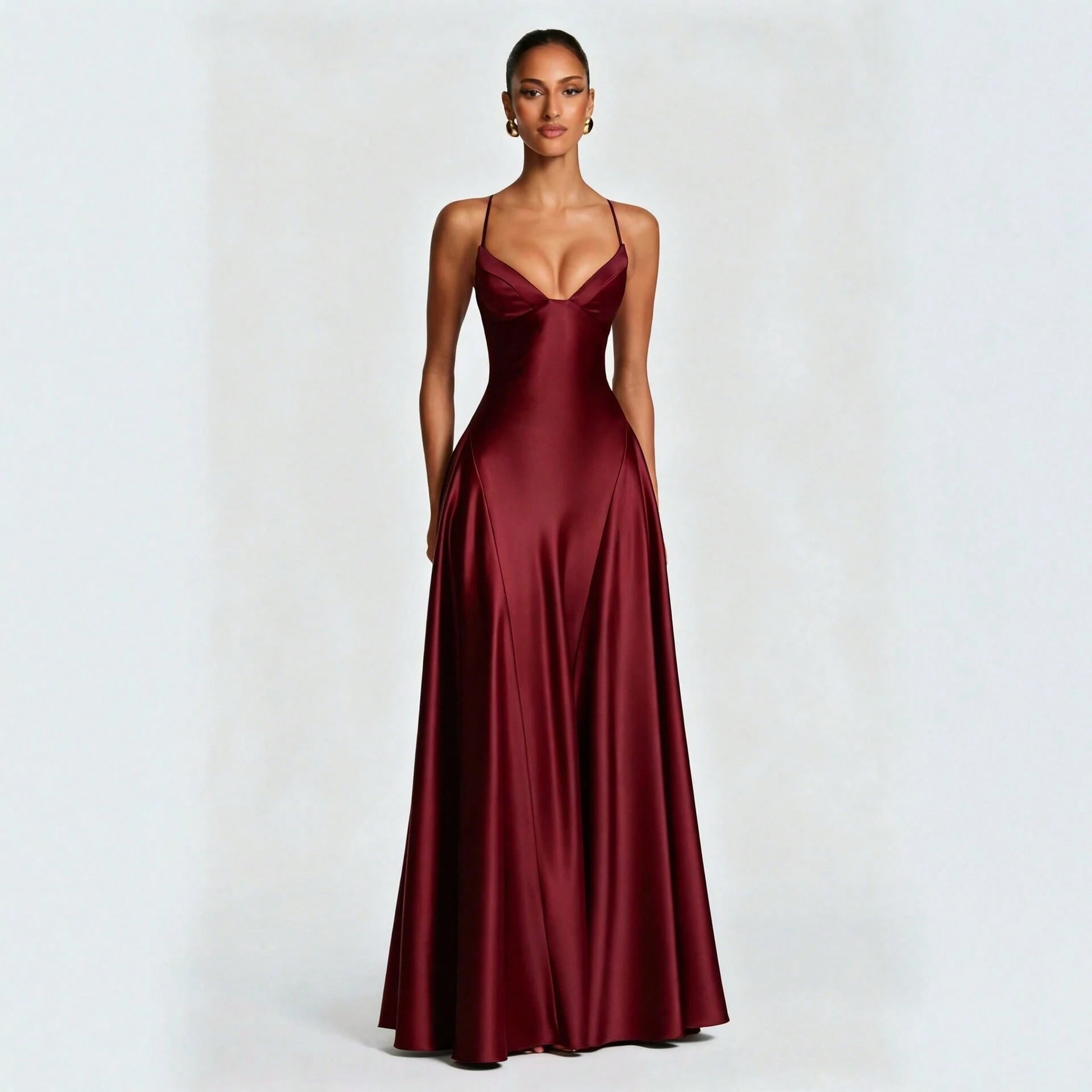 Women's Glossy Satin Long Evening Dress Thin Spaghetti Strap V Neck Seamed Waist Flared Swing Formal Party Long Dress