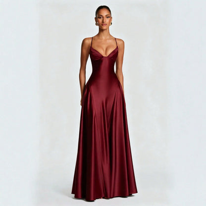 Women's Glossy Satin Long Evening Dress Thin Spaghetti Strap V Neck Seamed Waist Flared Swing Formal Party Long Dress