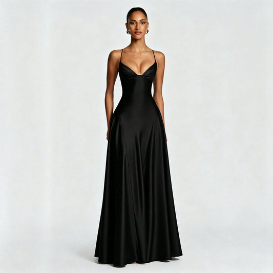 Women's Glossy Satin Long Evening Dress Thin Spaghetti Strap V Neck Seamed Waist Flared Swing Formal Party Long Dress