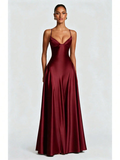 Women's Glossy Satin Long Evening Dress Thin Spaghetti Strap V Neck Seamed Waist Flared Swing Formal Party Long Dress