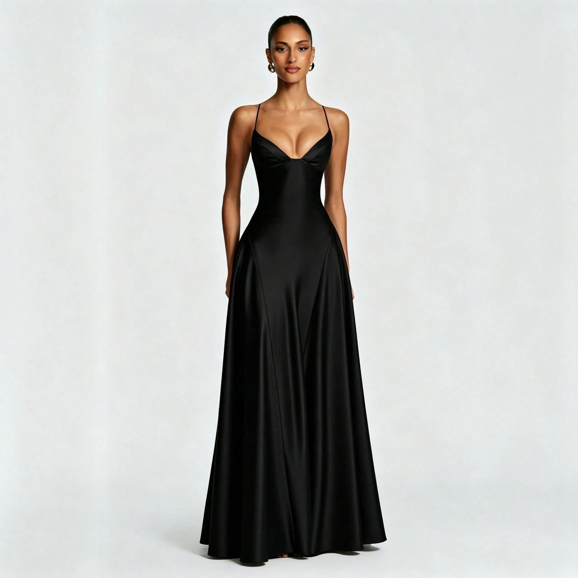 Women's Glossy Satin Long Evening Dress Thin Spaghetti Strap V Neck Seamed Waist Flared Swing Formal Party Long Dress