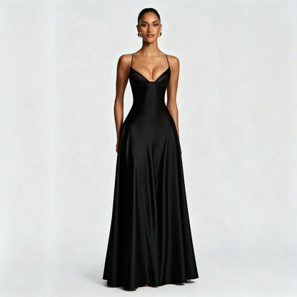 Women's Glossy Satin Long Evening Dress Thin Spaghetti Strap V Neck Seamed Waist Flared Swing Formal Party Long Dress