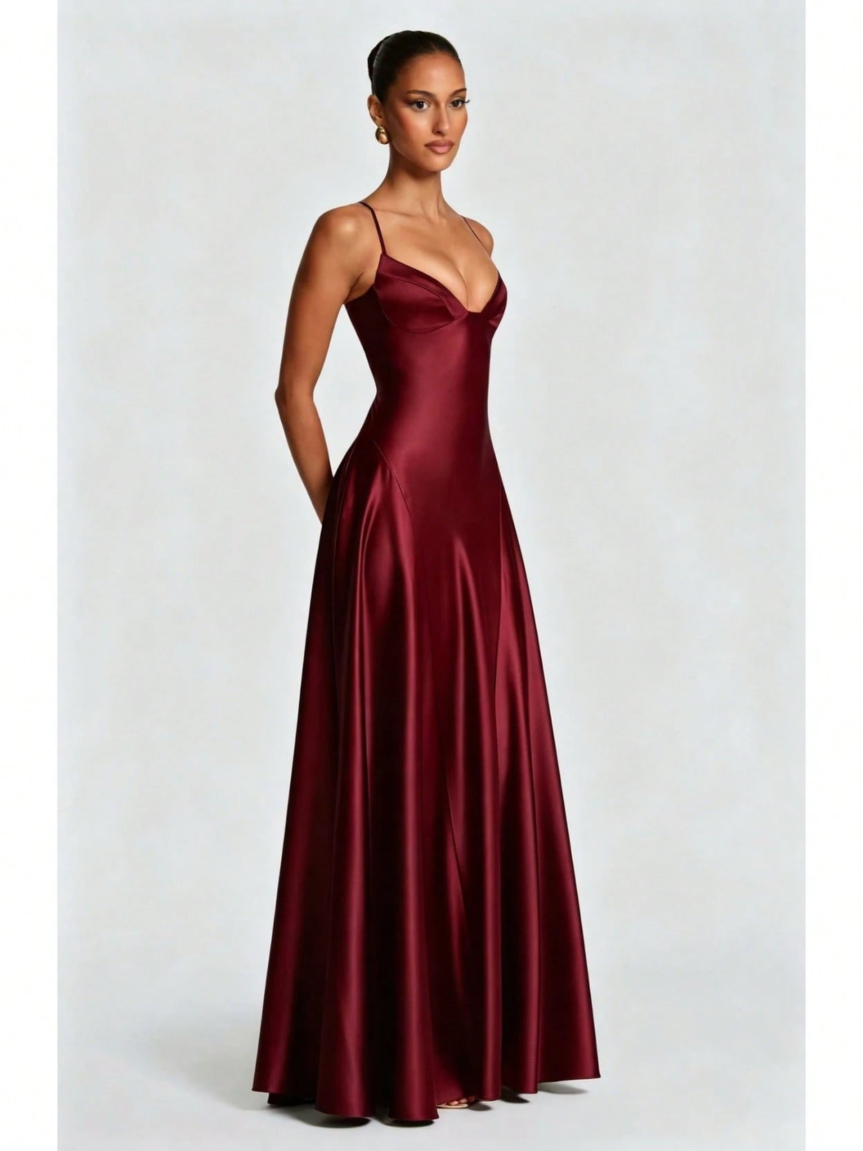 Women's Glossy Satin Long Evening Dress Thin Spaghetti Strap V Neck Seamed Waist Flared Swing Formal Party Long Dress