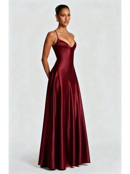 Women's Glossy Satin Long Evening Dress Thin Spaghetti Strap V Neck Seamed Waist Flared Swing Formal Party Long Dress