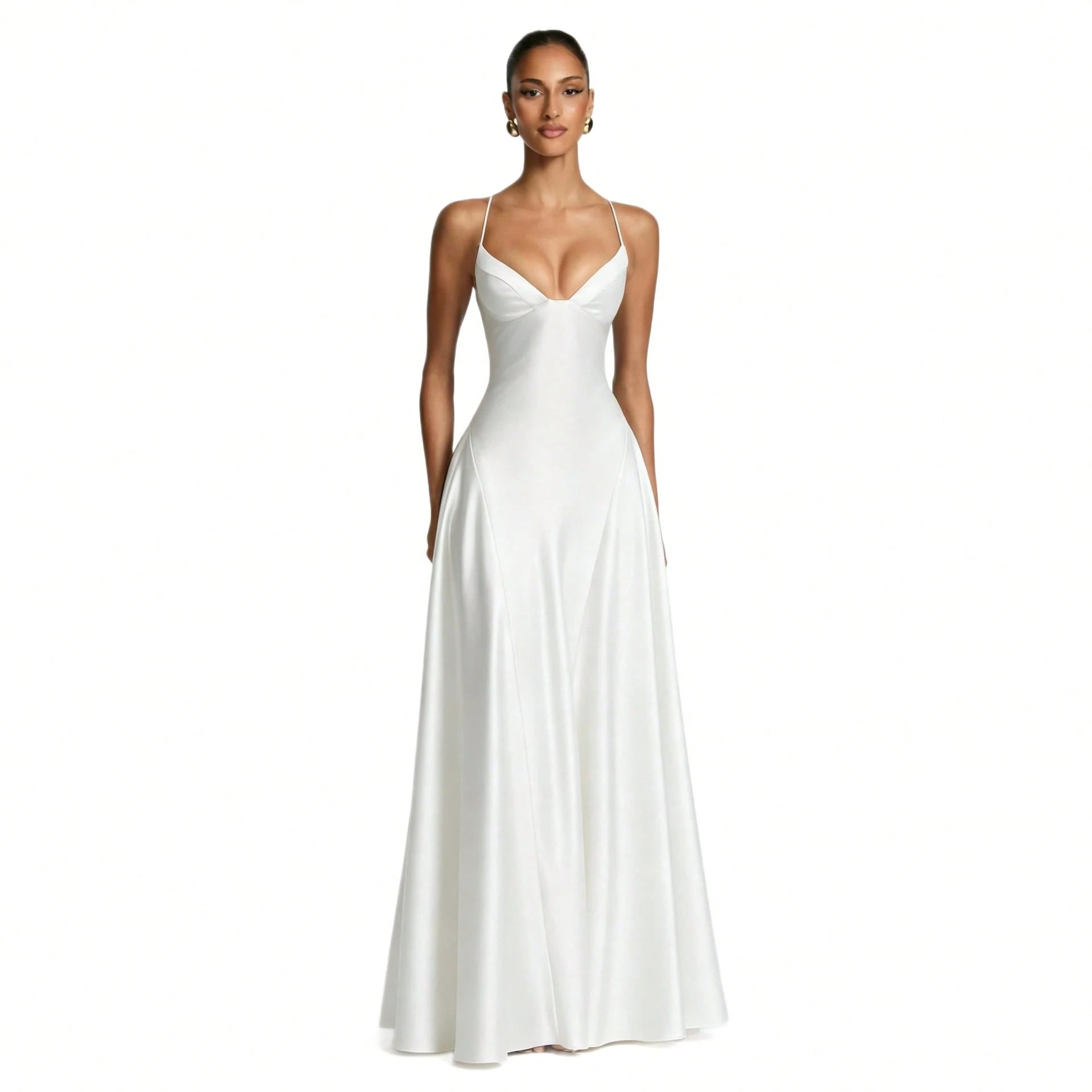 Women's Glossy Satin Long Evening Dress Thin Spaghetti Strap V Neck Seamed Waist Flared Swing Formal Party Long Dress