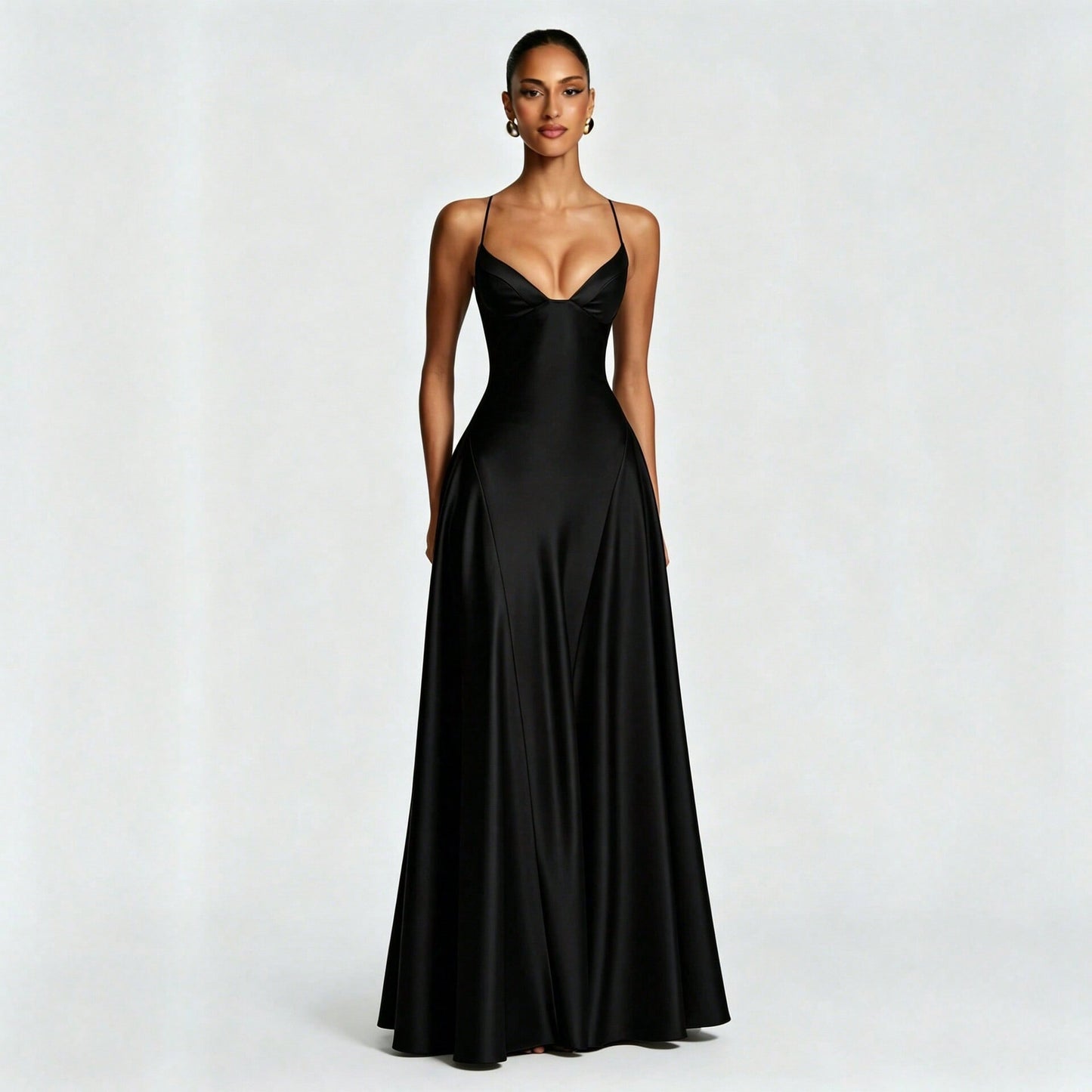 Women's Glossy Satin Long Evening Dress Thin Spaghetti Strap V Neck Seamed Waist Flared Swing Formal Party Long Dress