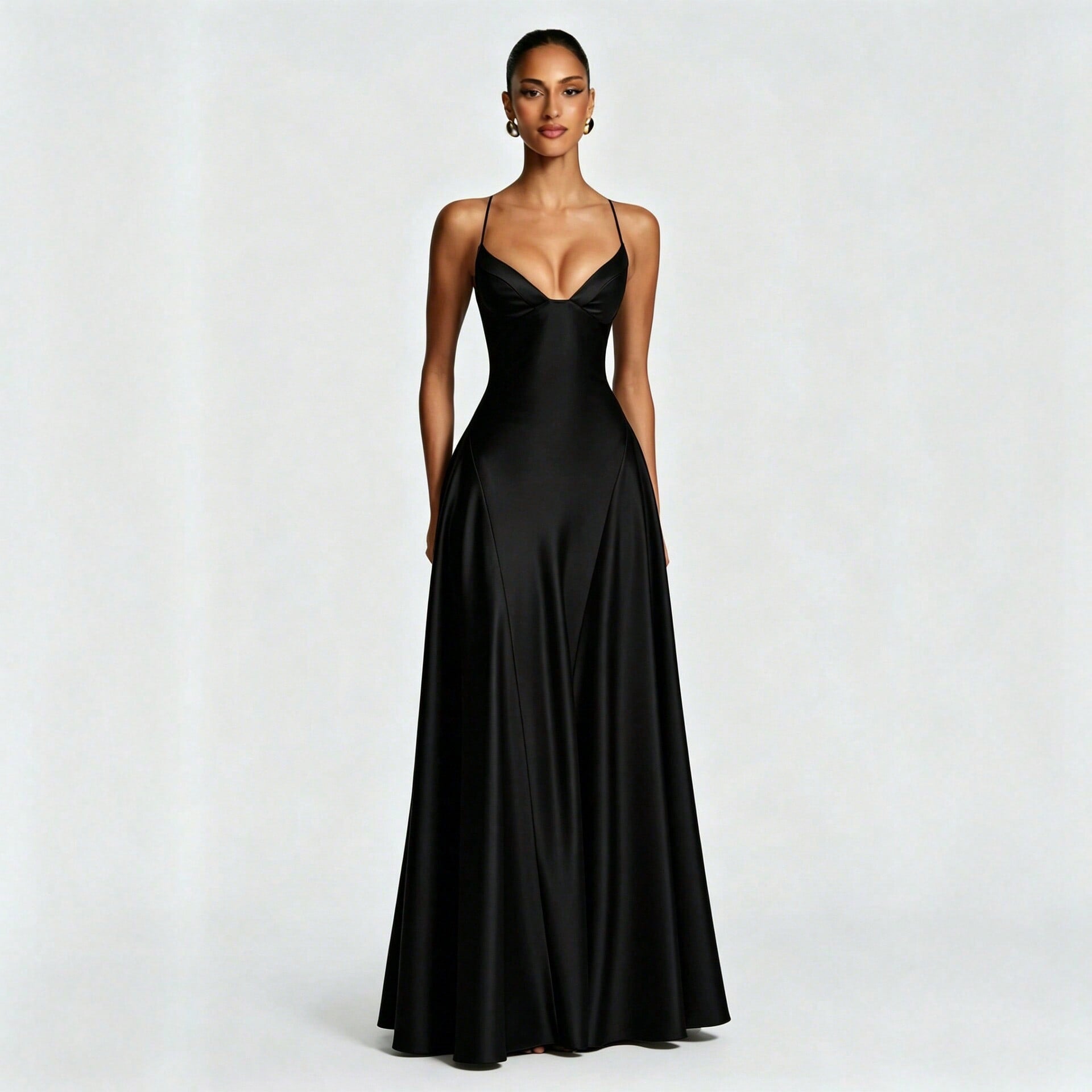 Women's Glossy Satin Long Evening Dress Thin Spaghetti Strap V Neck Seamed Waist Flared Swing Formal Party Long Dress