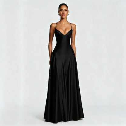 Women's Glossy Satin Long Evening Dress Thin Spaghetti Strap V Neck Seamed Waist Flared Swing Formal Party Long Dress