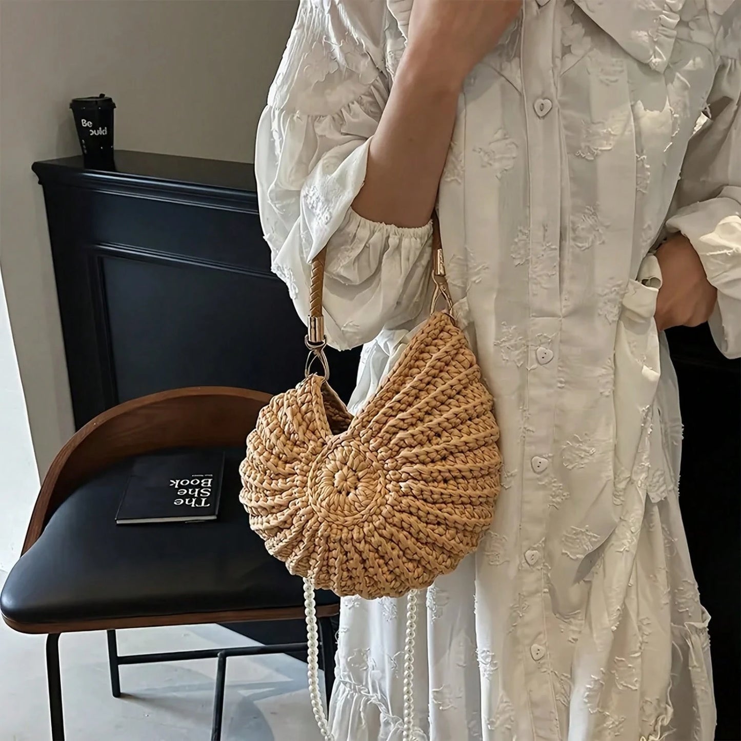 Women's Handwoven Shell Tote Bag With Chain Strap, Large Capacity Bohemian Beach Bag For Summer Vacation Handbag For Casual Outings Beach Trips
