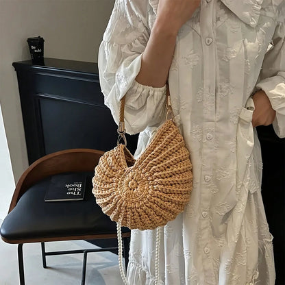 Women's Handwoven Shell Tote Bag With Chain Strap, Large Capacity Bohemian Beach Bag For Summer Vacation Handbag For Casual Outings Beach Trips