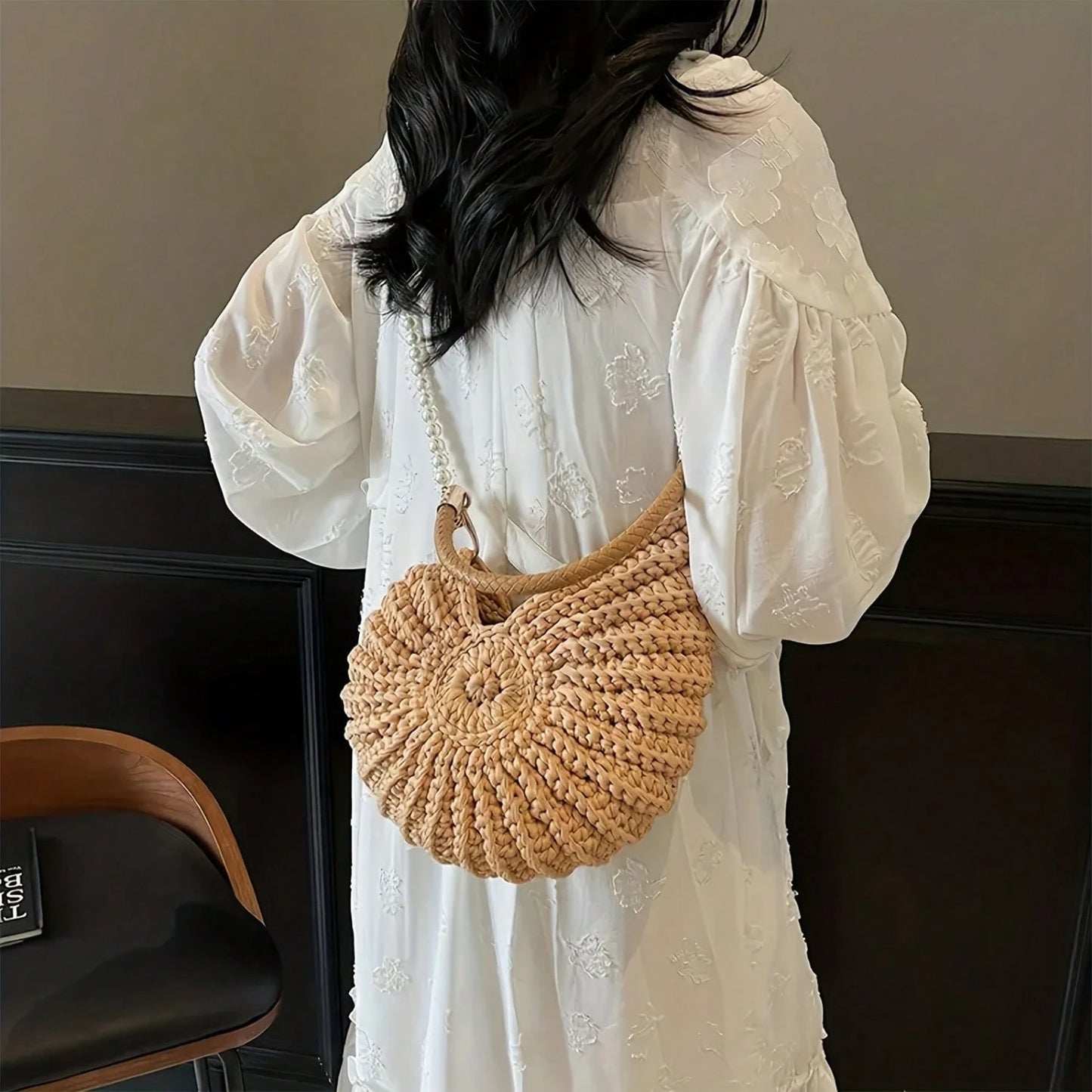 Women's Handwoven Shell Tote Bag With Chain Strap, Large Capacity Bohemian Beach Bag For Summer Vacation Handbag For Casual Outings Beach Trips