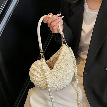 Women's Handwoven Shell Tote Bag With Chain Strap, Large Capacity Bohemian Beach Bag For Summer Vacation Handbag For Casual Outings Beach Trips
