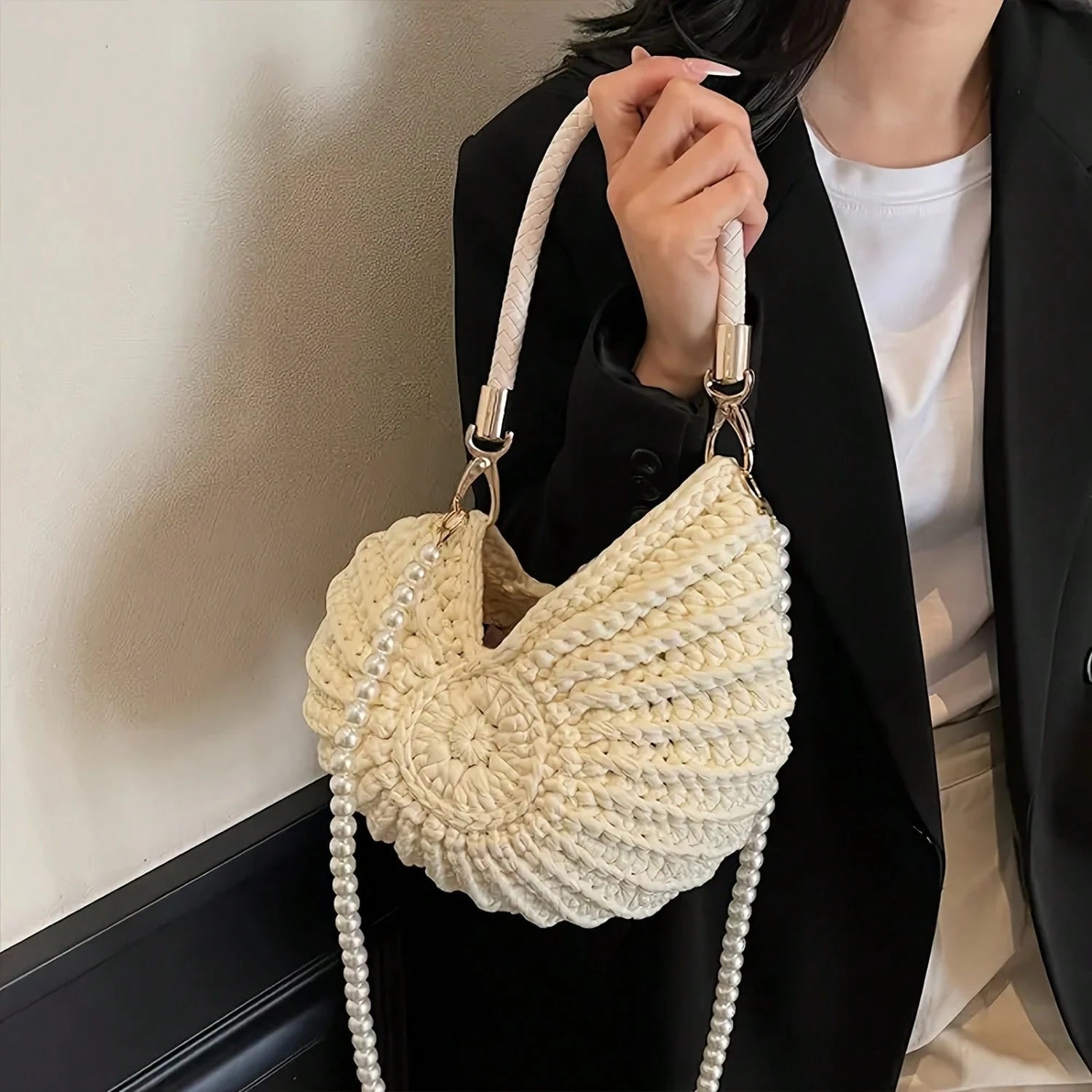 Women's Handwoven Shell Tote Bag With Chain Strap, Large Capacity Bohemian Beach Bag For Summer Vacation Handbag For Casual Outings Beach Trips