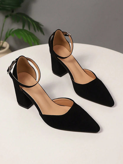 Women's High Heel Closed Toe Sandals, Fairy Style New Spring Office Work Shoes, Pointed Toe Strap Buckle Chunky Heels Mid-Heels Suede Slip-On Pumps, Summer