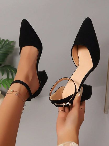 Women's High Heel Closed Toe Sandals, Fairy Style New Spring Office Work Shoes, Pointed Toe Strap Buckle Chunky Heels Mid-Heels Suede Slip-On Pumps, Summer