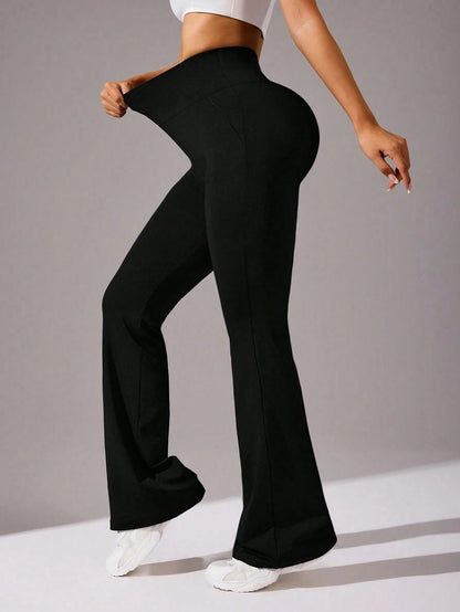 Women's High Waist Solid Color Flare Pants, With Side Pockets, Suitable For Casual, Sports, Yoga, Leggings, Running And Fitness Occasions Spring Black
