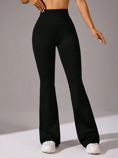 Women's High Waist Solid Color Flare Pants, With Side Pockets, Suitable For Casual, Sports, Yoga, Leggings, Running And Fitness Occasions Spring Black