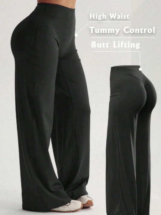 Women's High-Waist Straight Leg Polyester Pants, Tummy Control And Hip Lifting, High Elastic Fabric, Comfortable To Wear. Black
