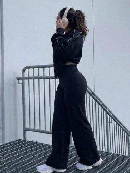 Women's High-Waist Straight Leg Polyester Pants, Tummy Control And Hip Lifting, High Elastic Fabric, Comfortable To Wear. Black
