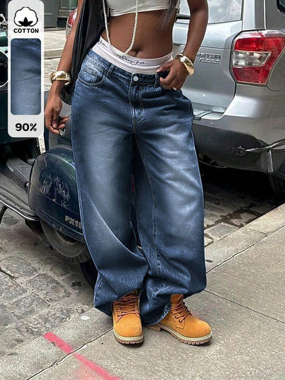 Women's High Waist Wide Leg Jeans, Vintage Washed Denim Pants With Pockets,Baggy Jeans,Fall Outfit For Women